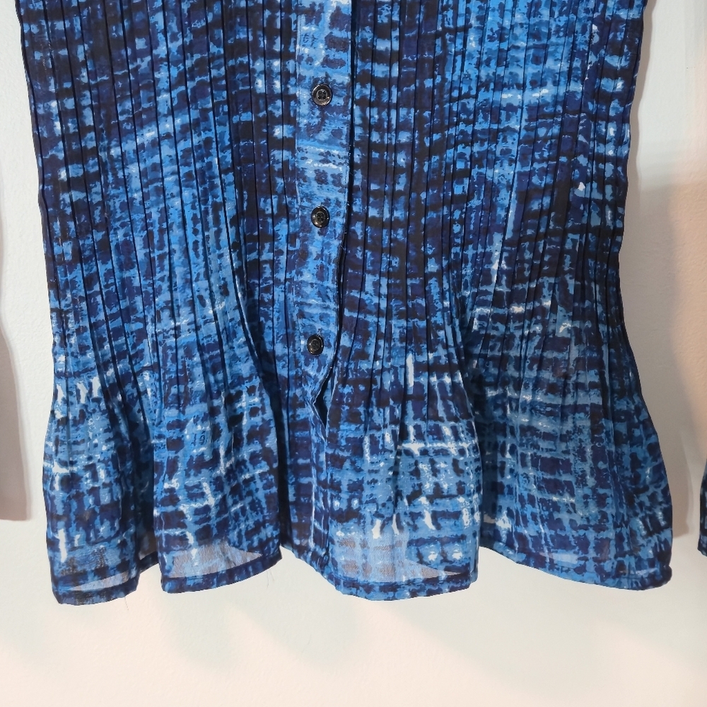 Addition Elle Sz 16 Abstract Button-Up Blouse Pleated Flared Sleeves Royal Blue - Picture 9 of 16